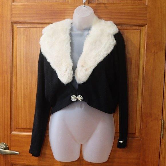 Vintage Hadley Real Mink Fur Collar Black 100% Cashmere Cardigan Sweater LG - Picture 1 of 12